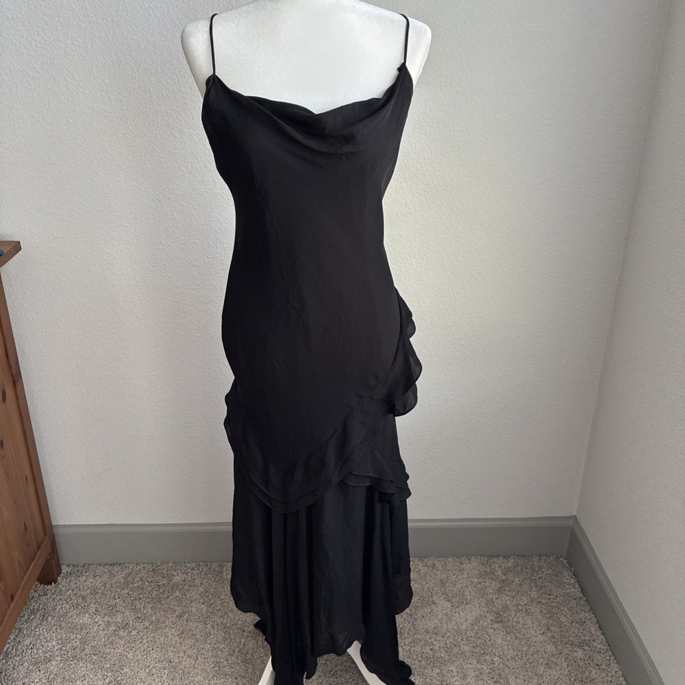 LAUREN Ralph Lauren 100% Silk Chiffon Little Black Dress Size 10 Tiered Ruffled